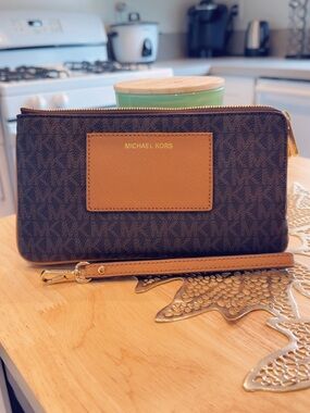 Michael Kors Brown and Tan Logo Double Zip Wristlet with Gold Accents
